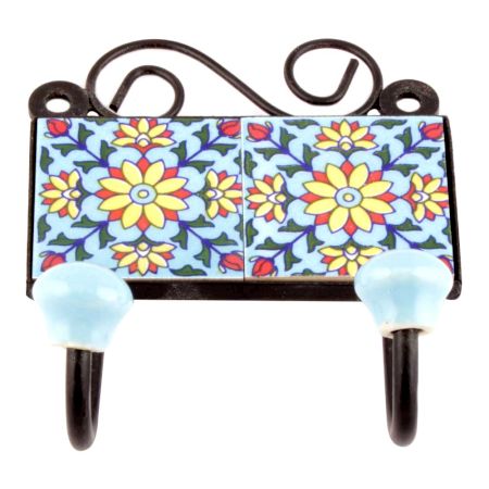 Turquoise Yellow Sunflower Ceramic Tiles Hooks